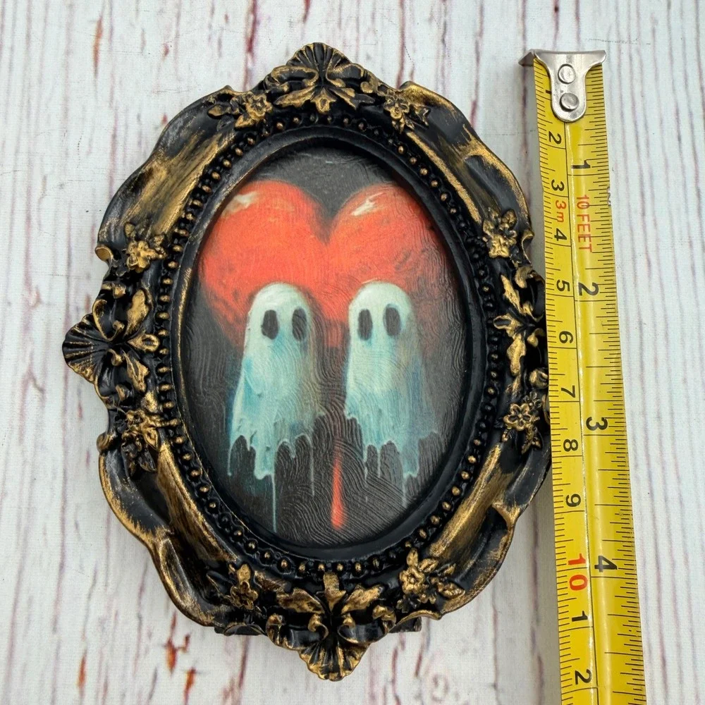 Mini Ghost Heart Art Print Decoupage Gold Black Gothic Frame 4.25